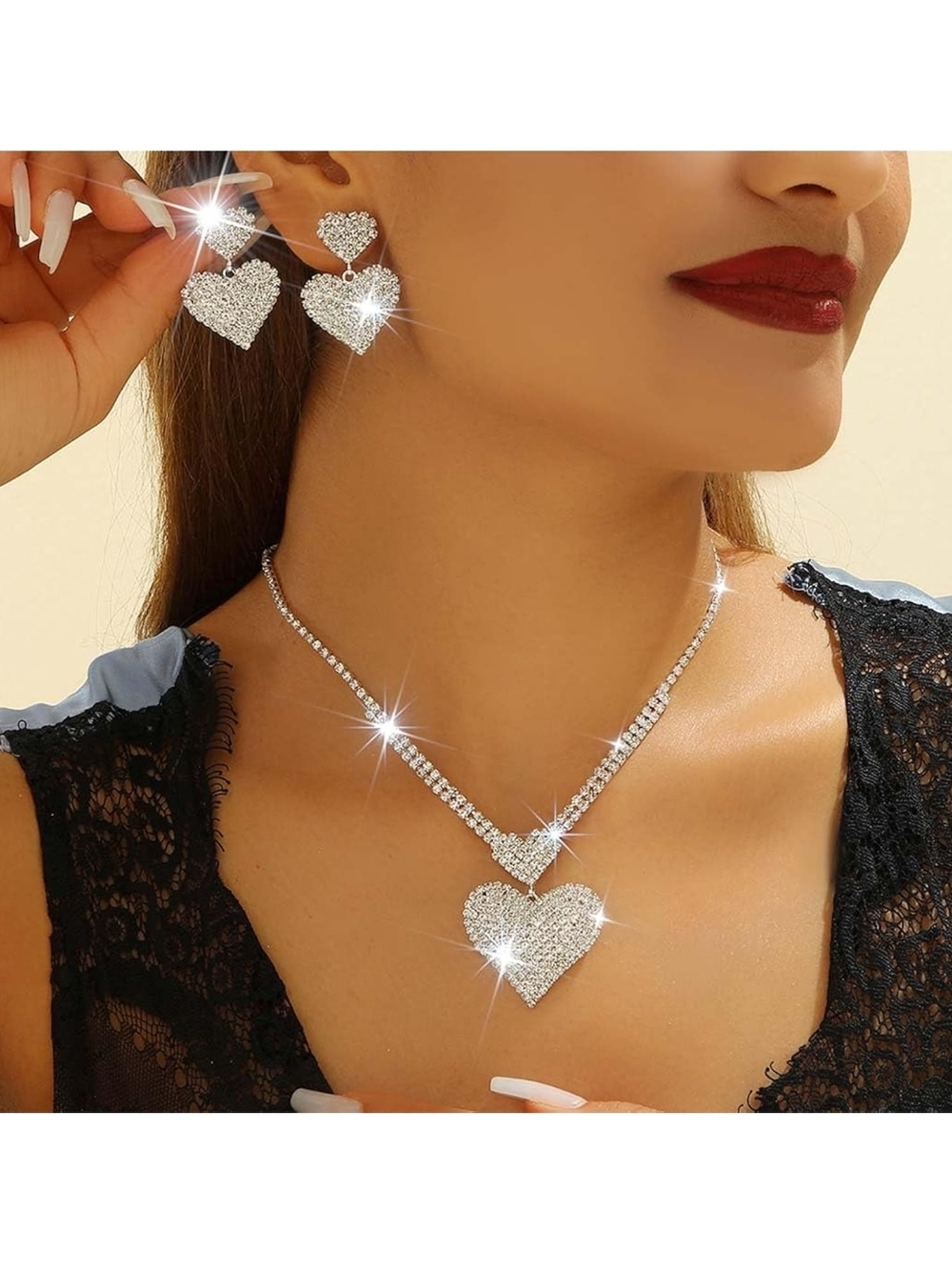 Heart Pavé Crystal Necklace and Earrings Set - Silver